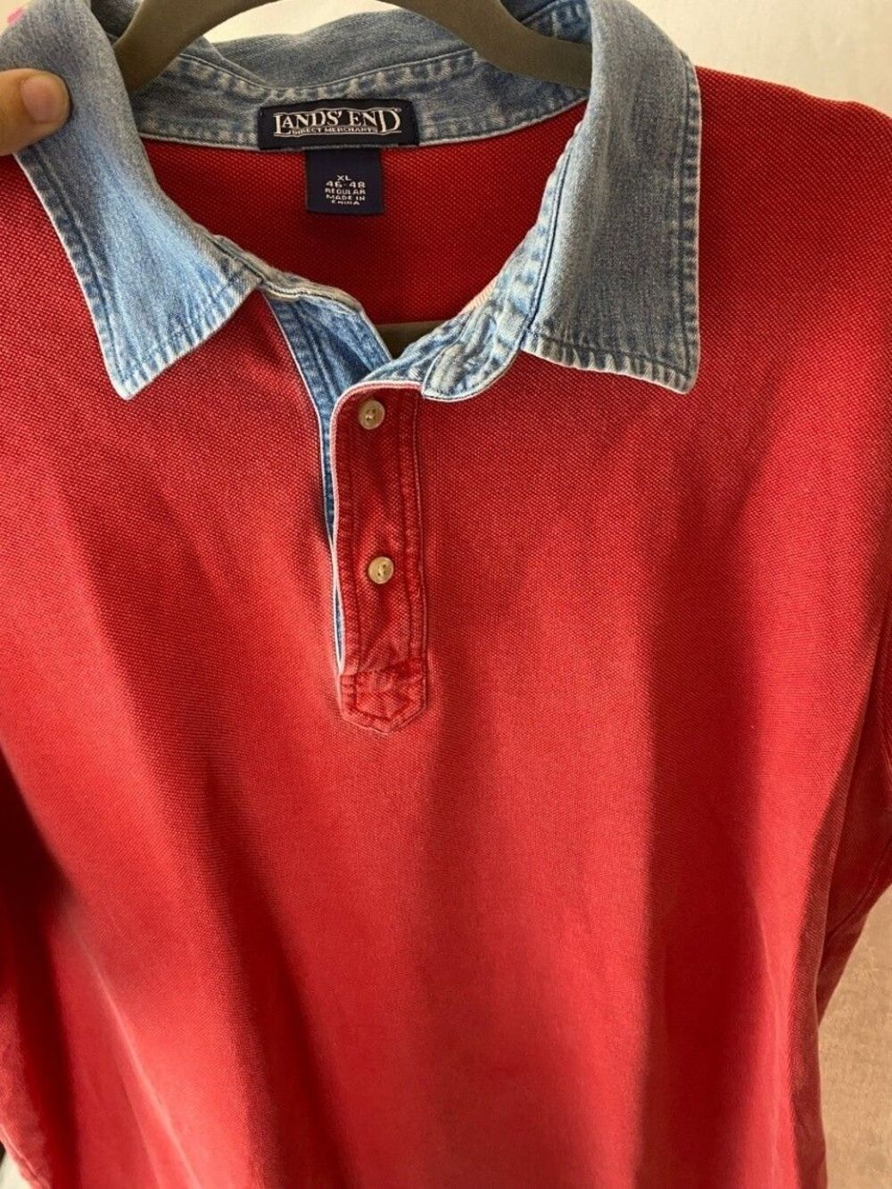 Lands' End Men XL Polo Red Contrast Chambray Collar 100% Cotton Preppy Rugby